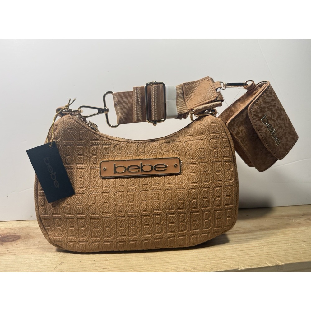bebe Thea Small Embossed Logo Crossbody Bag Camel w/ Detachable Strap & Pouch